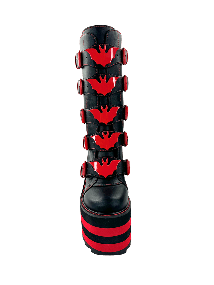 YRU x Vampire Freaks Goth Emo Punk Rave Red Stomper Dune Bat Platform Boots - Black/Red