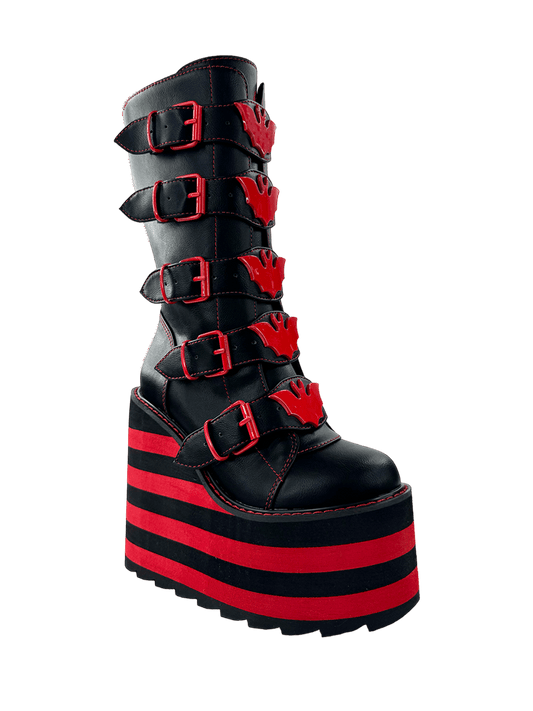 YRU x Vampire Freaks Goth Emo Punk Rave Red Stomper Dune Bat Platform Boots - Black/Red