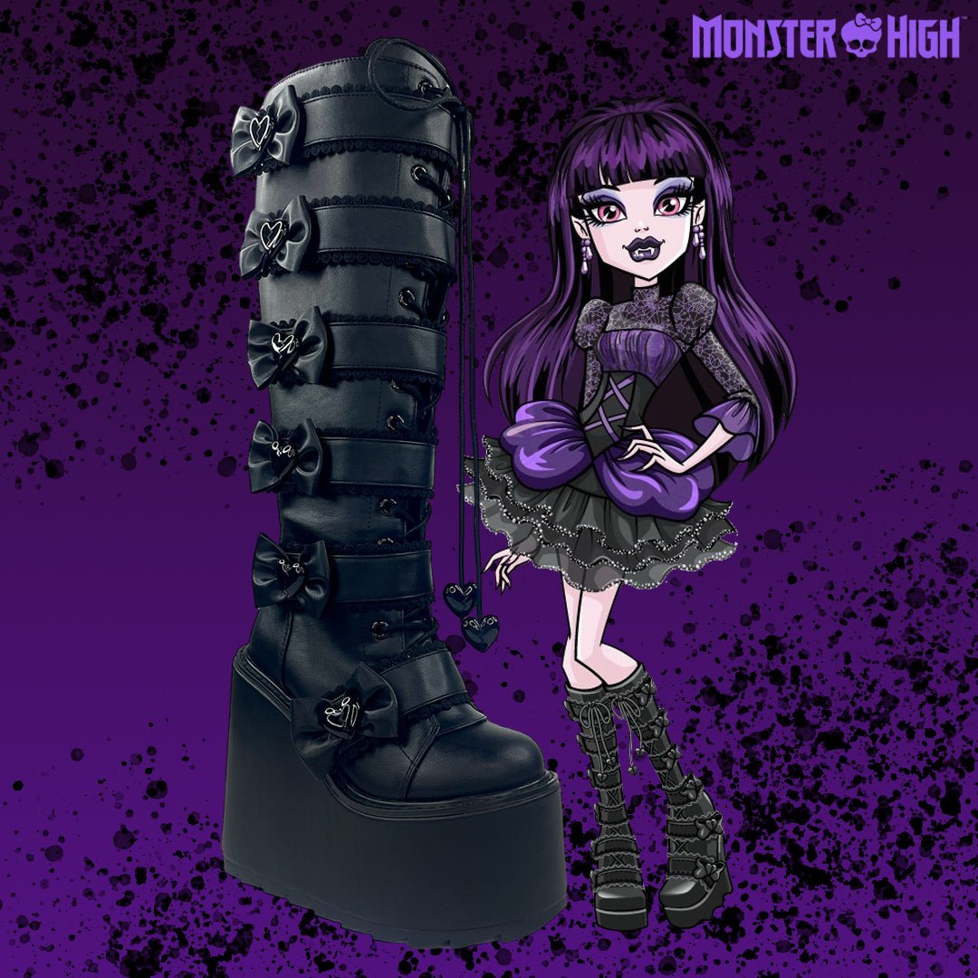 YRU x Monster High Elissa Bat Heart with Bows Goth Emo Stomper Dune Platform Boots  - Black