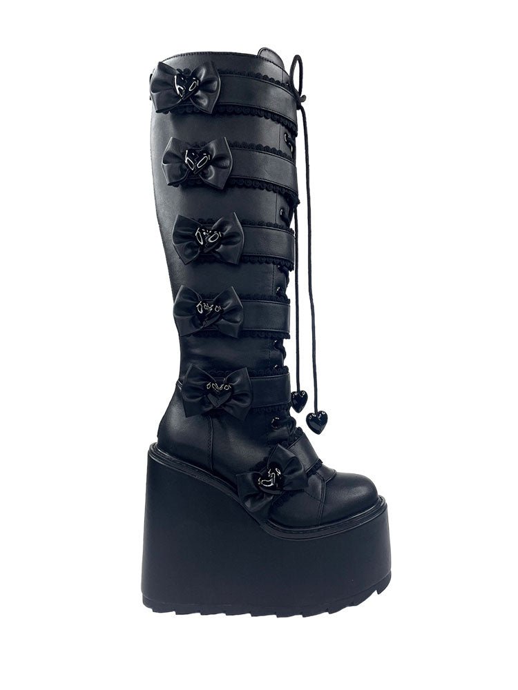 YRU x Monster High Elissa Bat Heart with Bows Goth Emo Stomper Dune Platform Boots  - Black