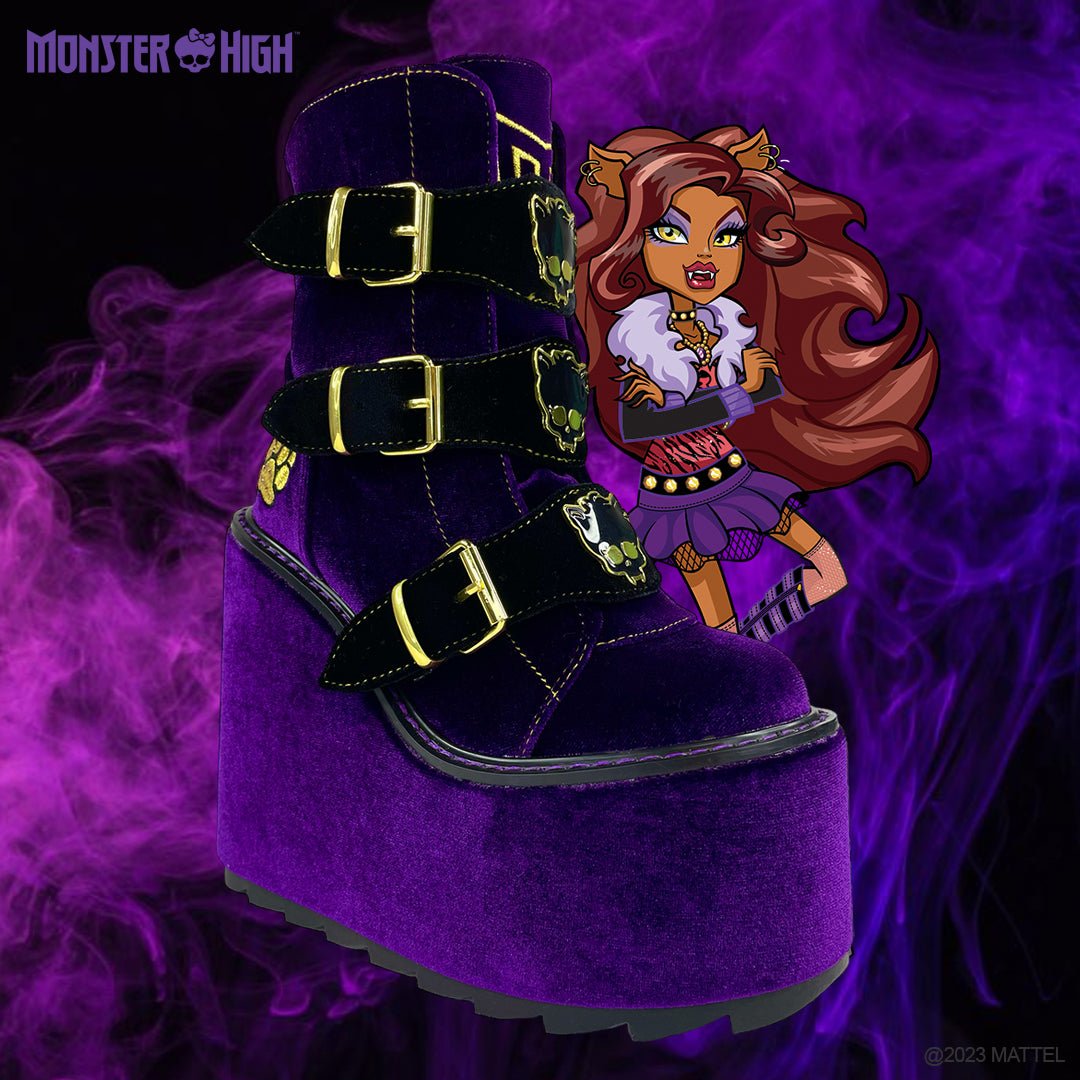 YRU x Monster High Clawdeen Goth Dune Velvet Platform Boots - Purple