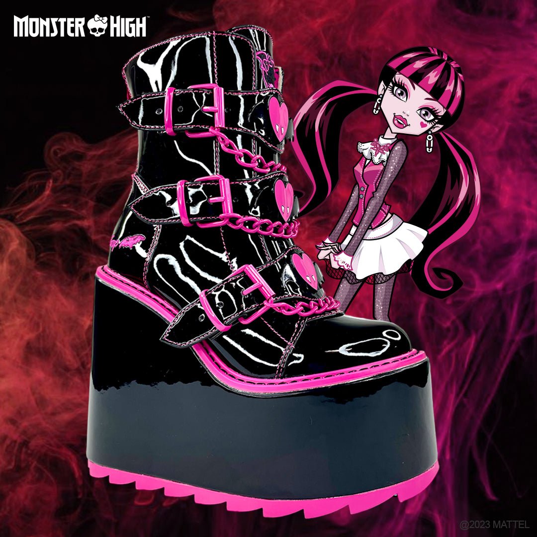 YRU x Monster High Draculara Heart Emo Punk Stomper Dune Platform Boots - Black