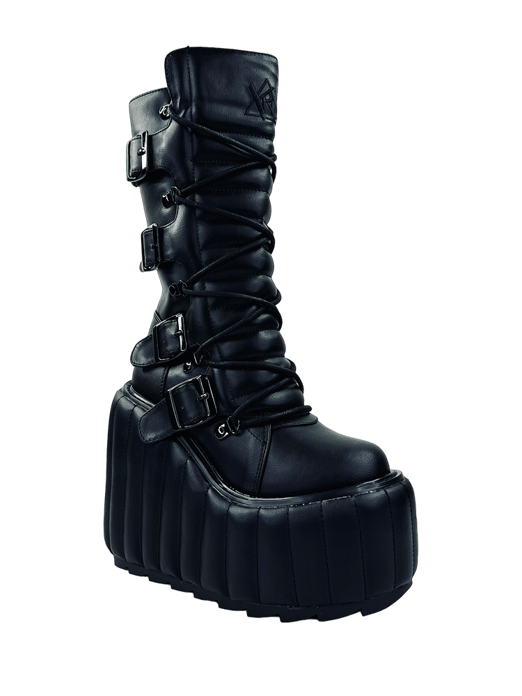 YRU Goth Emo Punk Rave Dune Moto Platform Boots - Black