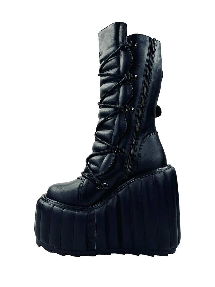 YRU Goth Emo Punk Rave Dune Moto Platform Boots - Black