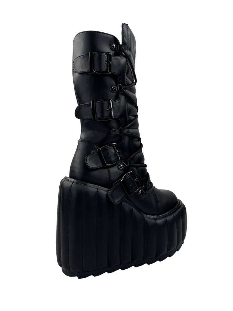 YRU Goth Emo Punk Rave Dune Moto Platform Boots - Black