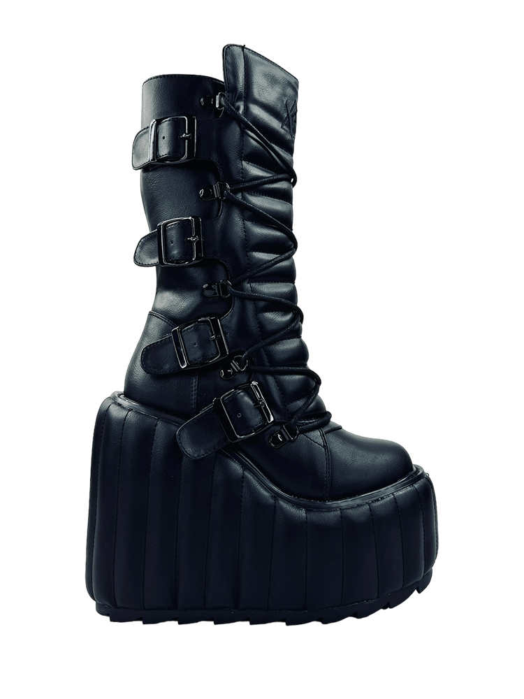 YRU Goth Emo Punk Rave Dune Moto Platform Boots - Black