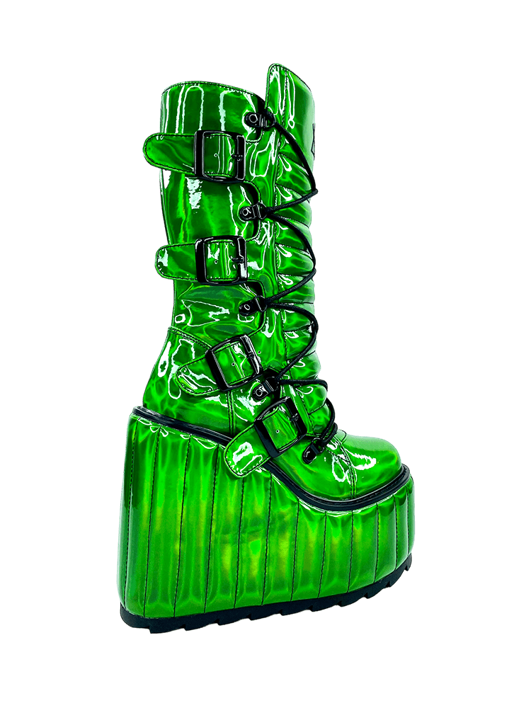 YRU Emo Punk Rave Festival Dune Moto Platform Boots - Green Hologram