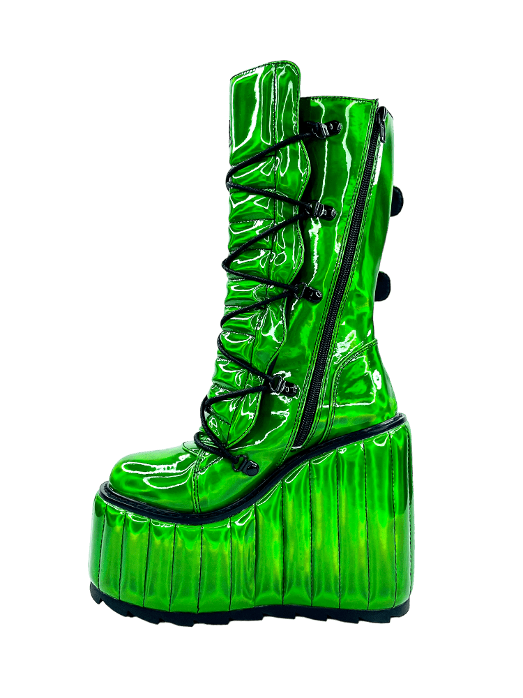 YRU Emo Punk Rave Festival Dune Moto Platform Boots - Green Hologram