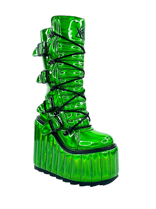 YRU Emo Punk Rave Festival Dune Moto Platform Boots - Green Hologram