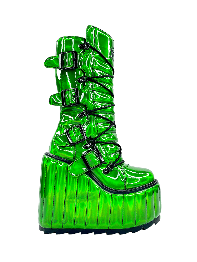 YRU Emo Punk Rave Festival Dune Moto Platform Boots - Green Hologram