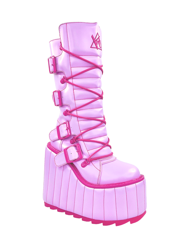 YRU Cute, Emo, Punk, Rave Dune Moto Platform Boots - Pink