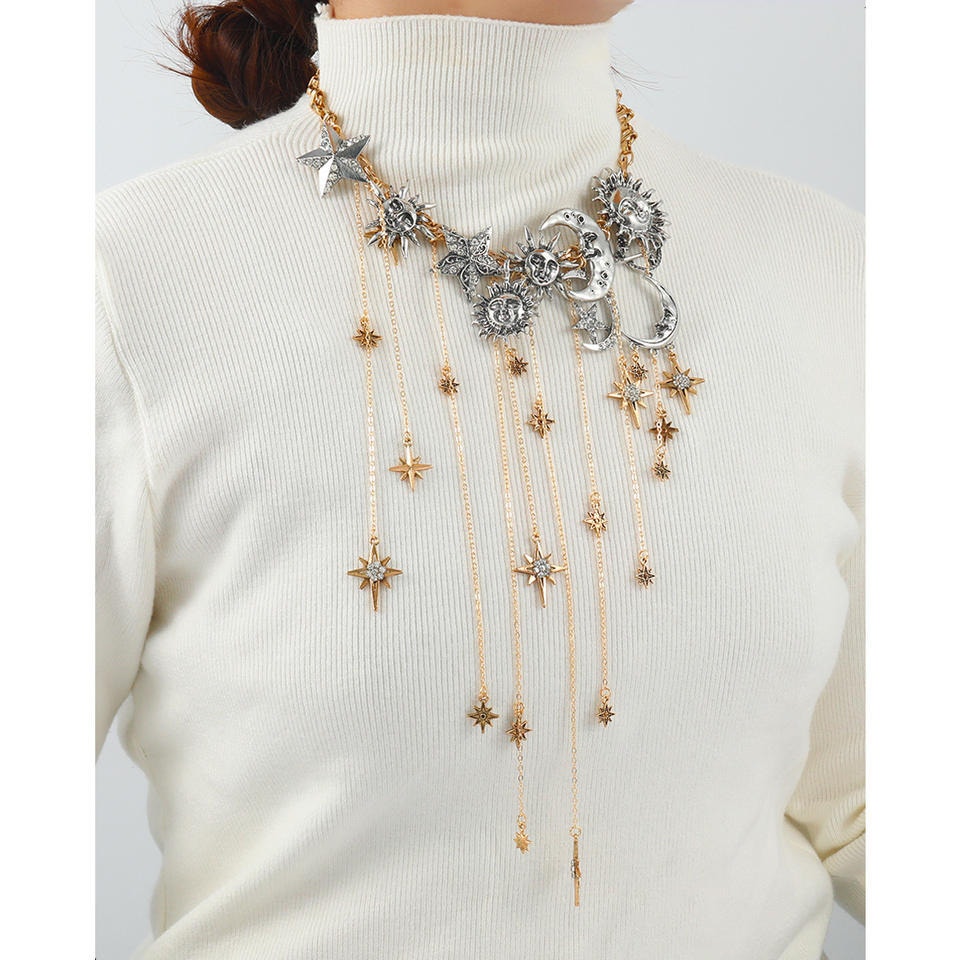 Mystic Celestial Sun Moon Star Gold/Silver Tone Large Statement Necklace