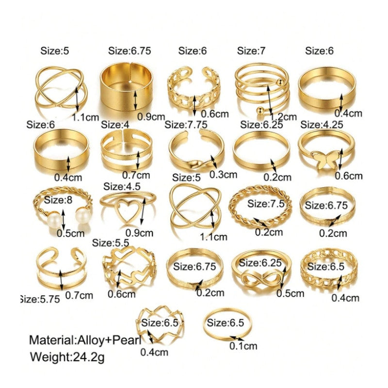 24-Piece Gold Stacking Ring Set – Mixed Sizes & Styles with Heart,Pearl,Infinity