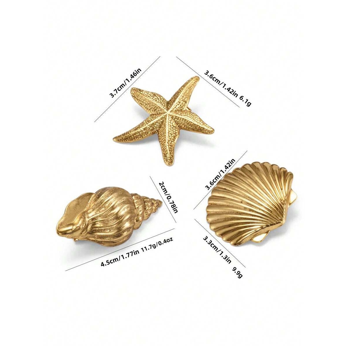 3x Gold Mermaid Beach Seashell Metal Hair Barrettes Clips Set Starfish Shell