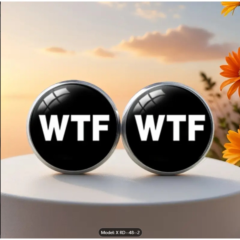 Funny WTF Statement Stud Earrings – Bold Round Acrylic Earrings – Black – Trendy