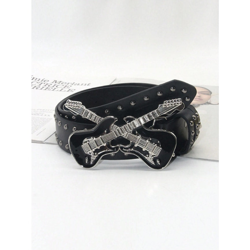 Black Guitar Buckle Studded Belt Punk Rock Gothic Y2K Streetwear Waist Belt