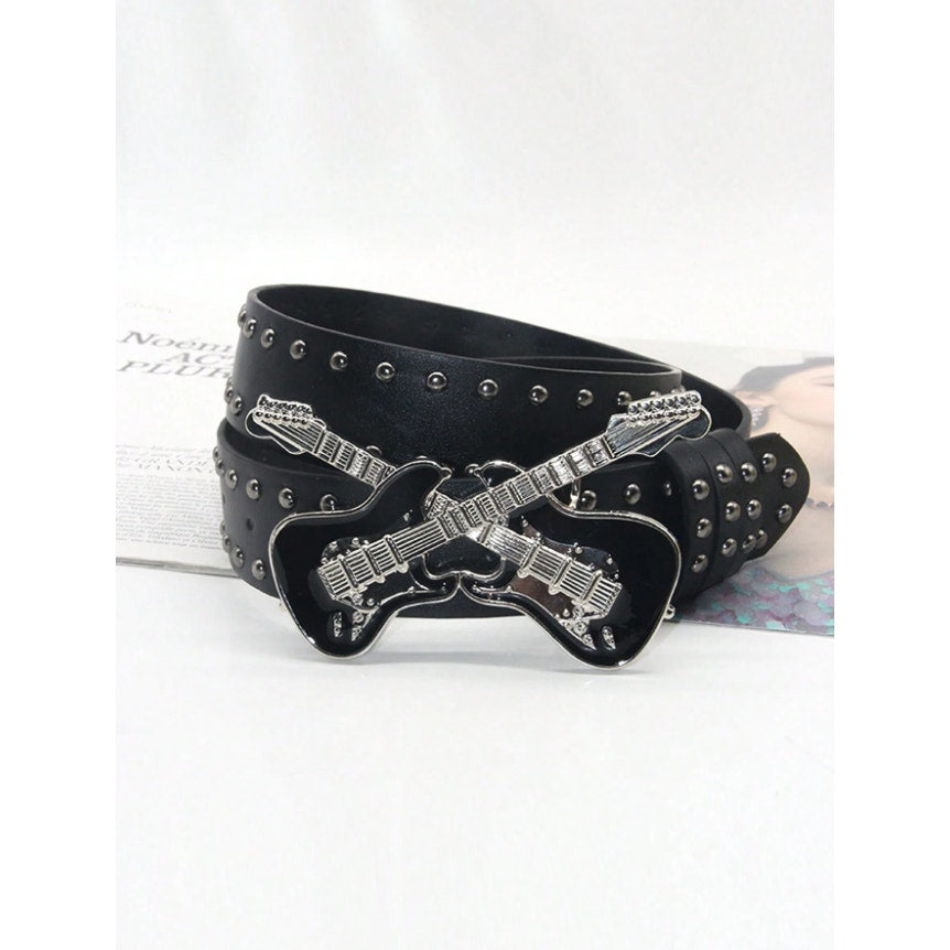 Black Guitar Buckle Studded Belt Punk Rock Gothic Y2K Streetwear Waist Belt