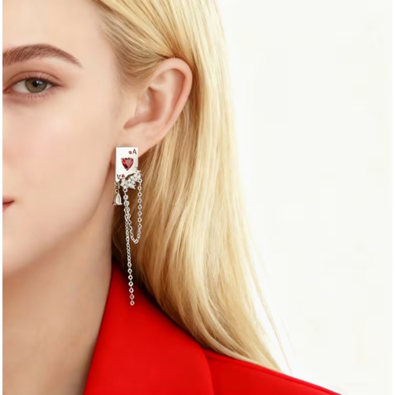 Ace of Hearts Earrings Red Crystal Chain Dangle Playing Card Jewelry Statement