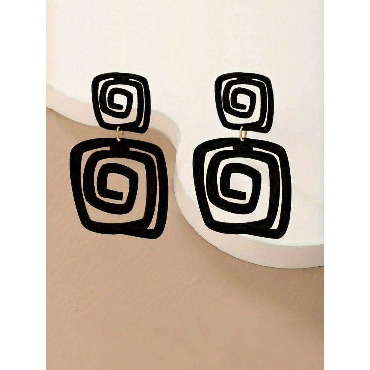 Black Geometric Spiral Drop Earring Bold Statement Square Dangle Fashion Jewelry
