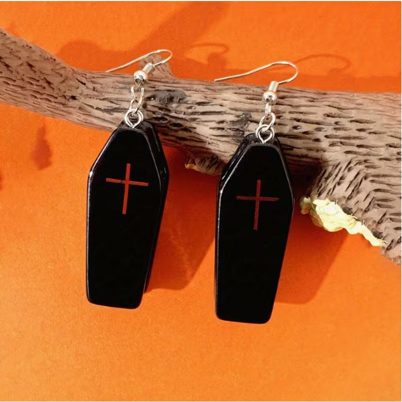 Black Coffin Cross Dangle Earrings Gothic Halloween Drop Jewelry