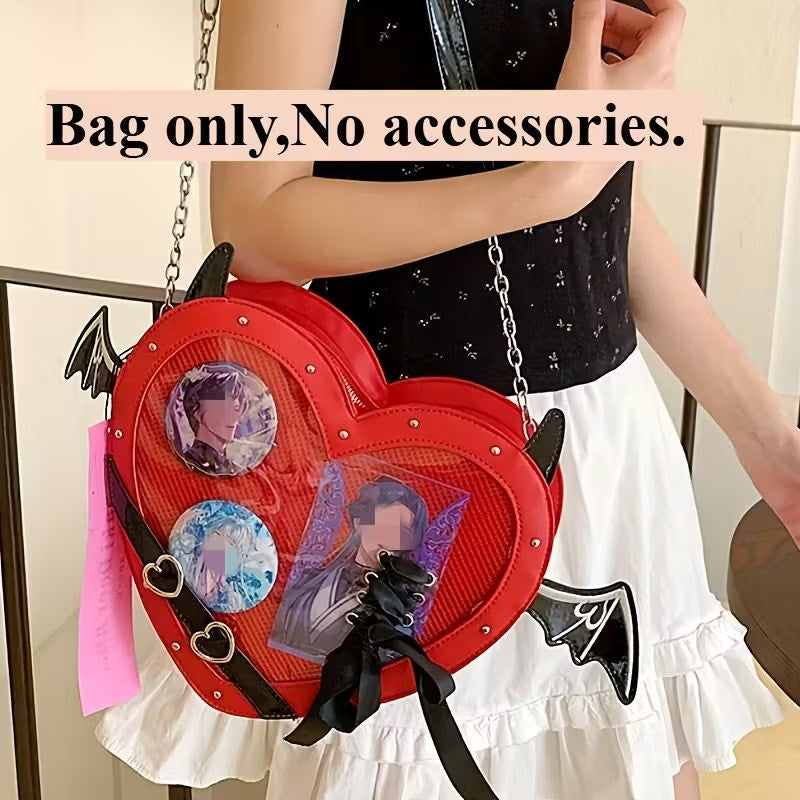Gothic Heart Ita Bag with Bat Wings PU Leather Crossbody Purse