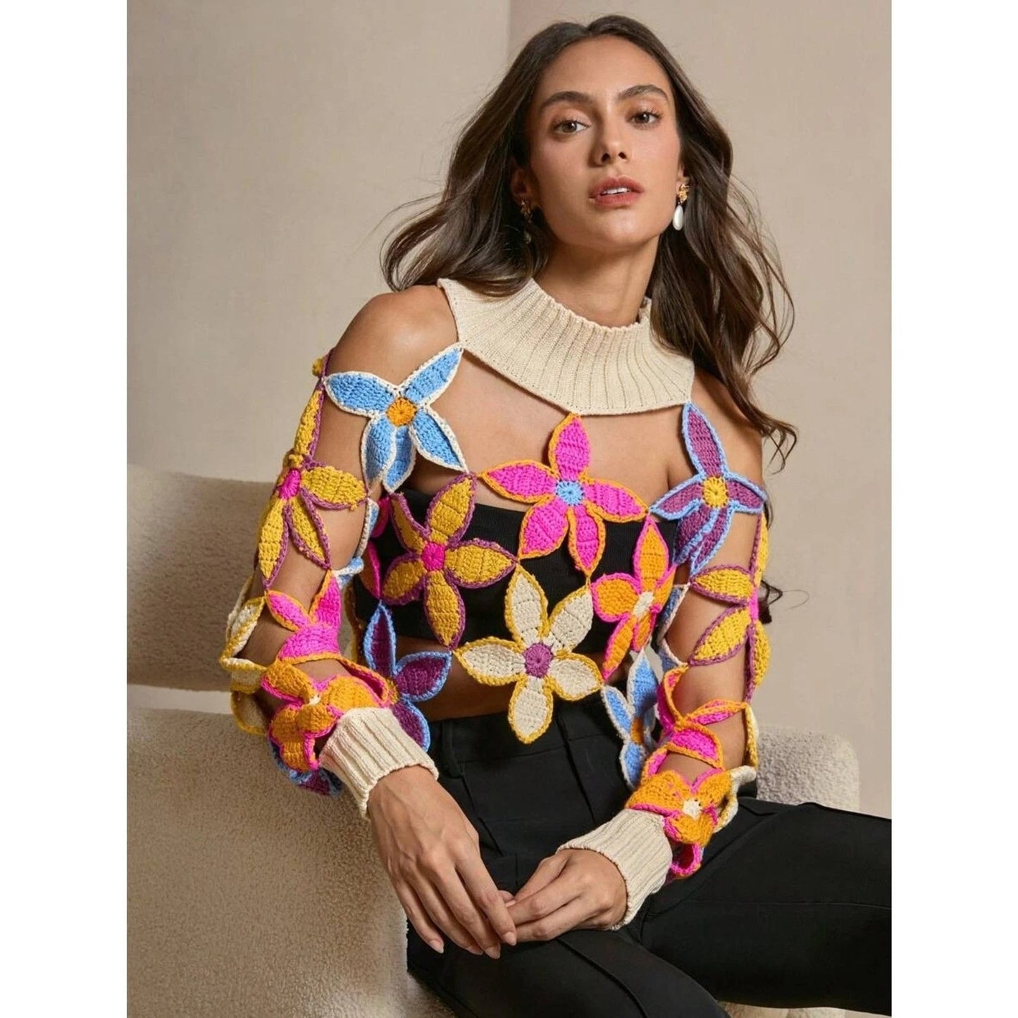 Boho Chic Design Crochet Floral Cutout Sweater – Knit Top with High Neck, L
