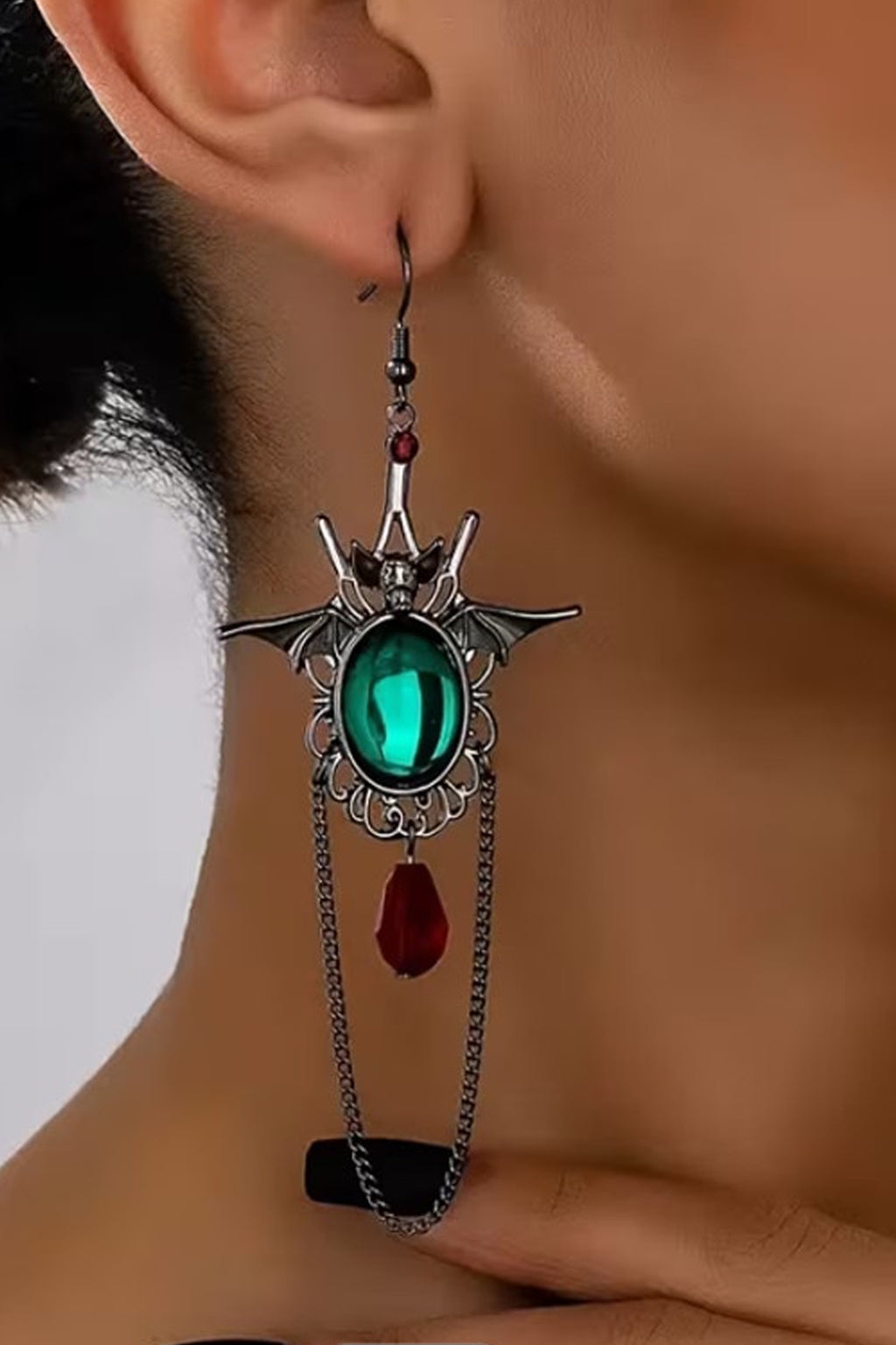 Gothic Bat Dangle Earrings Green Gem Red Drop Chain Halloween Vampire Jewelry