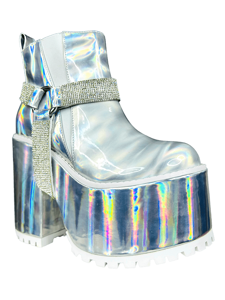 YRU Gemma 2  Space Moon Rave Platform Boots - Silver Hologram