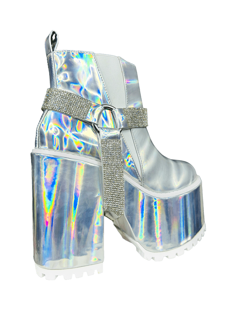 YRU Gemma 2  Space Moon Rave Platform Boots - Silver Hologram