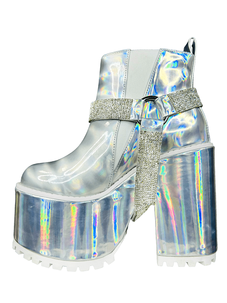 YRU Gemma 2  Space Moon Rave Platform Boots - Silver Hologram