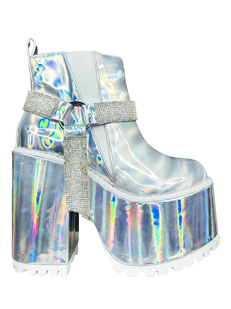 YRU Gemma 2  Space Moon Rave Platform Boots - Silver Hologram