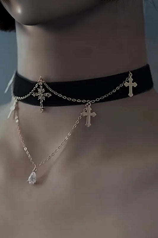 Gothic Black Velvet Cross Choker Necklace – Layered Gold Chain