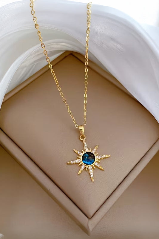 Celestial Gold & Blue Sky Stone Sunburst Star Charm Chain Pendant Necklace