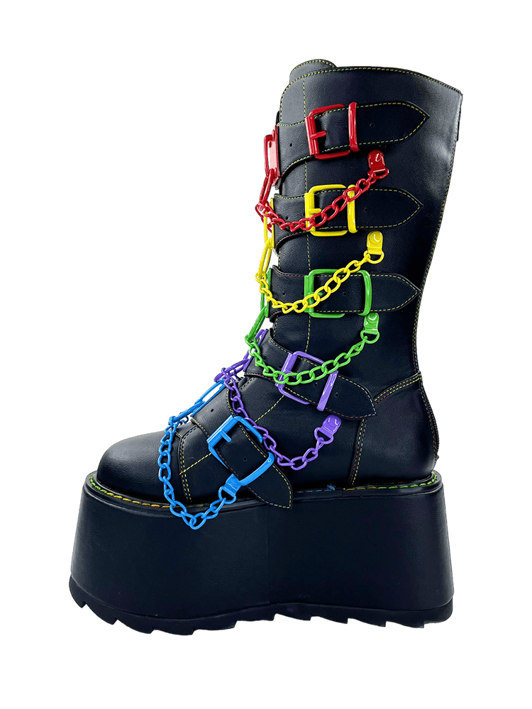 YRU Emo Punk Rave Rainbow Glitch Platform Boots - Black/Multi