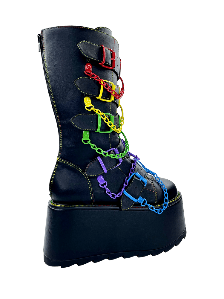 YRU Emo Punk Rave Rainbow Glitch Platform Boots - Black/Multi