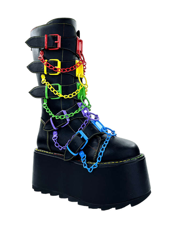 YRU Emo Punk Rave Rainbow Glitch Platform Boots - Black/Multi