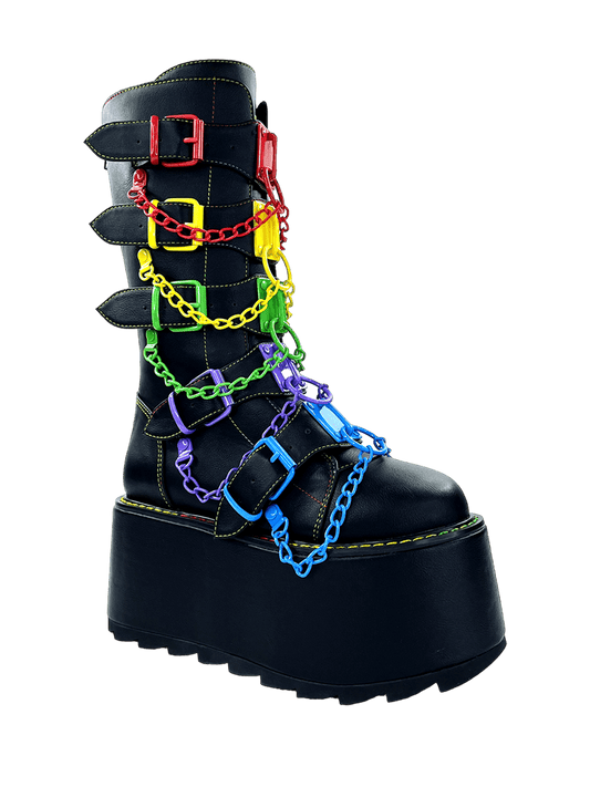 YRU Emo Punk Rave Rainbow Glitch Platform Boots - Black/Multi