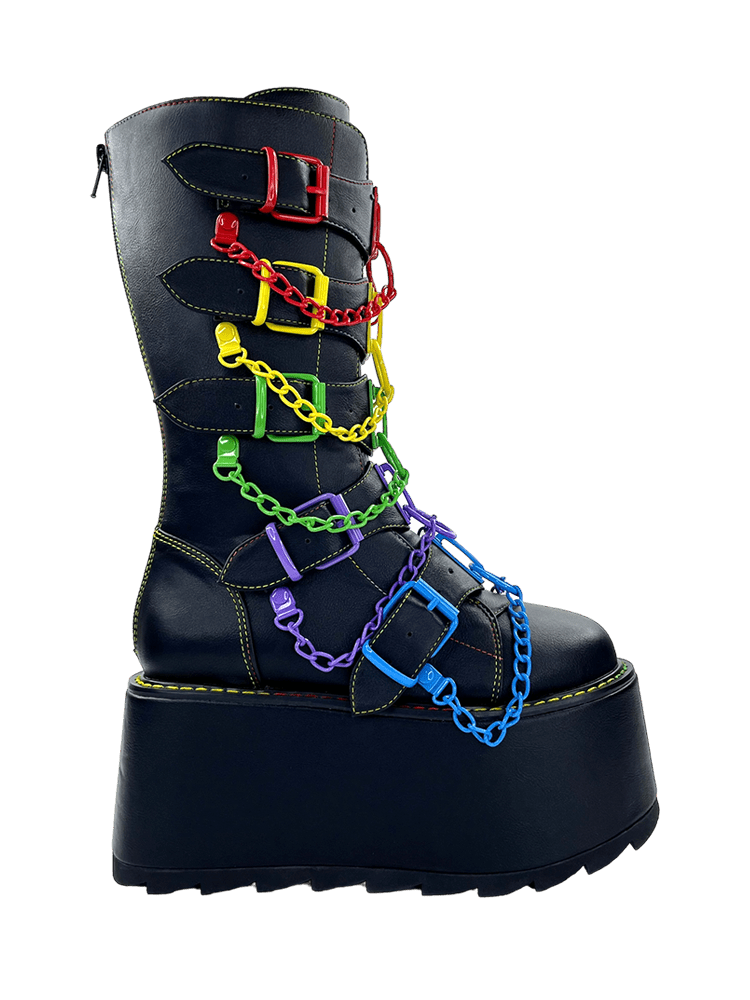 YRU Emo Punk Rave Rainbow Glitch Platform Boots - Black/Multi