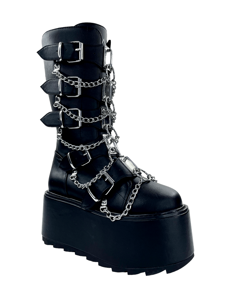 YRU Goth Emo Punk Rave Glitch Platform Boots - Black/Silver