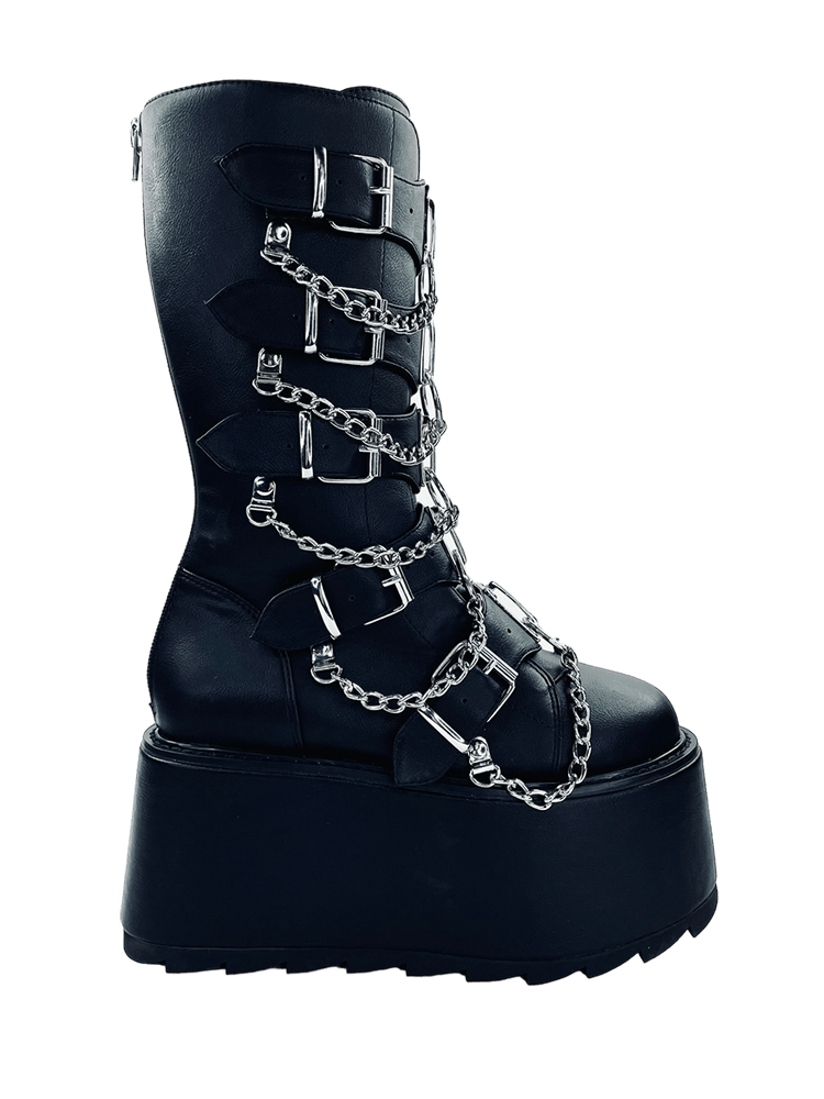 YRU Goth Emo Punk Rave Glitch Platform Boots - Black/Silver