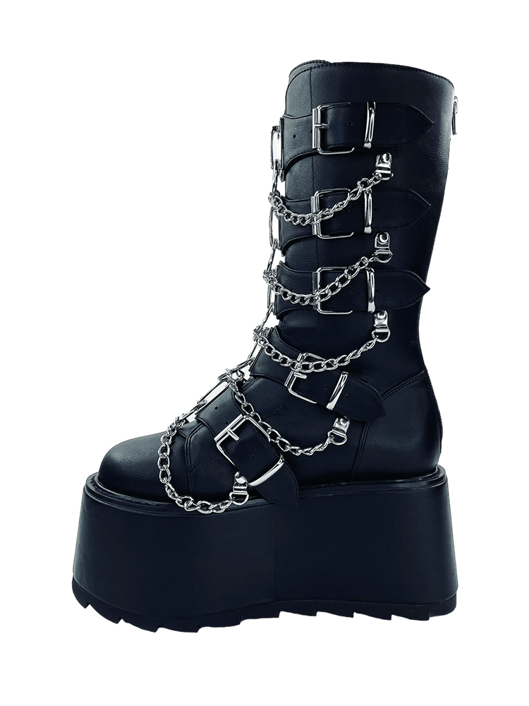 YRU Goth Emo Punk Rave Glitch Platform Boots - Black/Silver