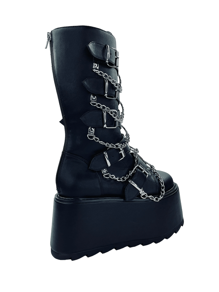 YRU Goth Emo Punk Rave Glitch Platform Boots - Black/Silver