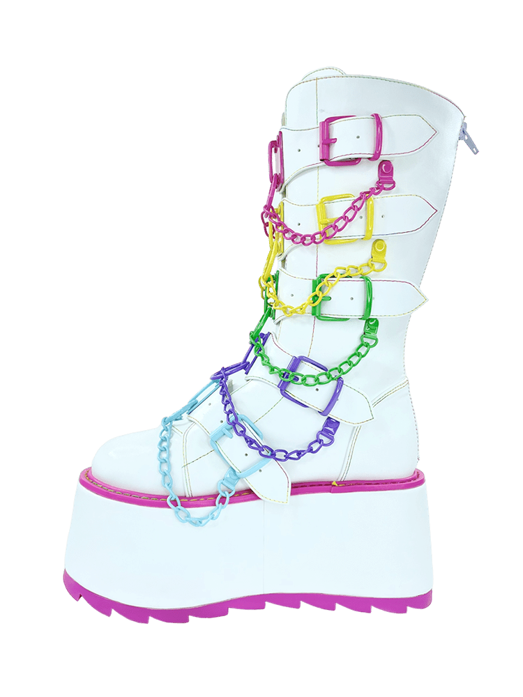 YRU Punk Rave Festival Glitch Platfom Shoes - White/Multi