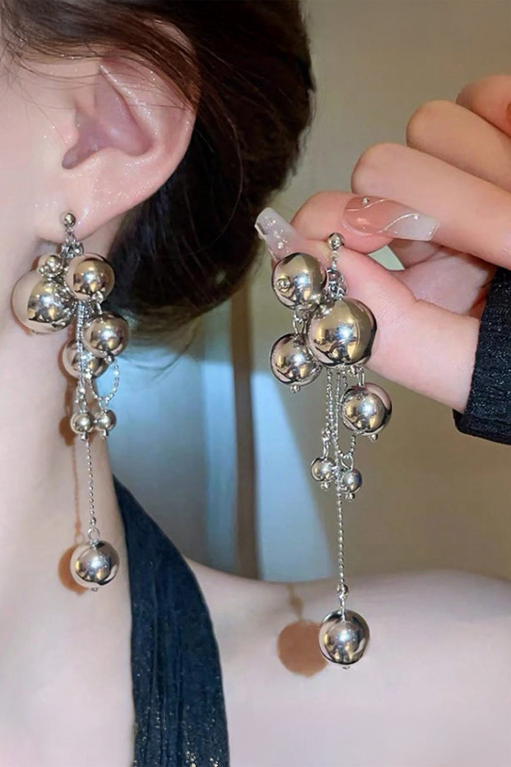 Silver Tone Statement Drop Earrings – Multi Ball Chain Dangle Earrings