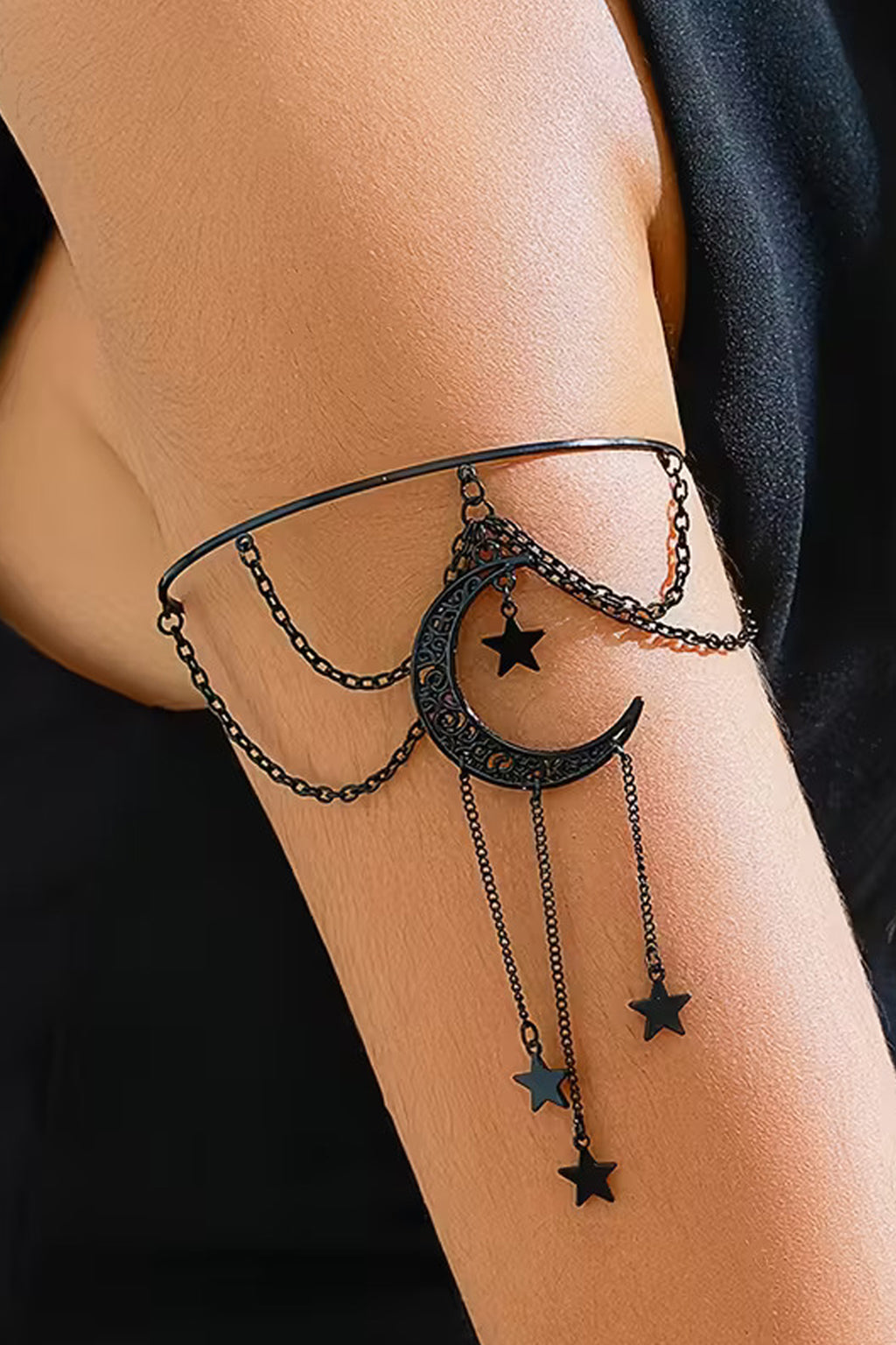 Goth Celestial Crescent Moon Black Dangling Chain Single Armlet Bracelet