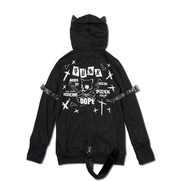 ACDC RAG Goth Emo Harajuku-style black cat ear zip hoodie