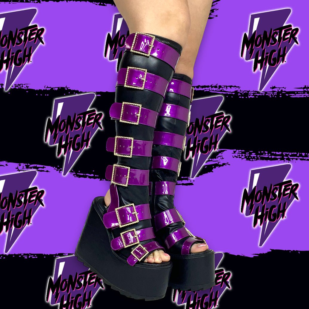 YRU x Monster High Howler Platform Knee High Boots - Black/Purple