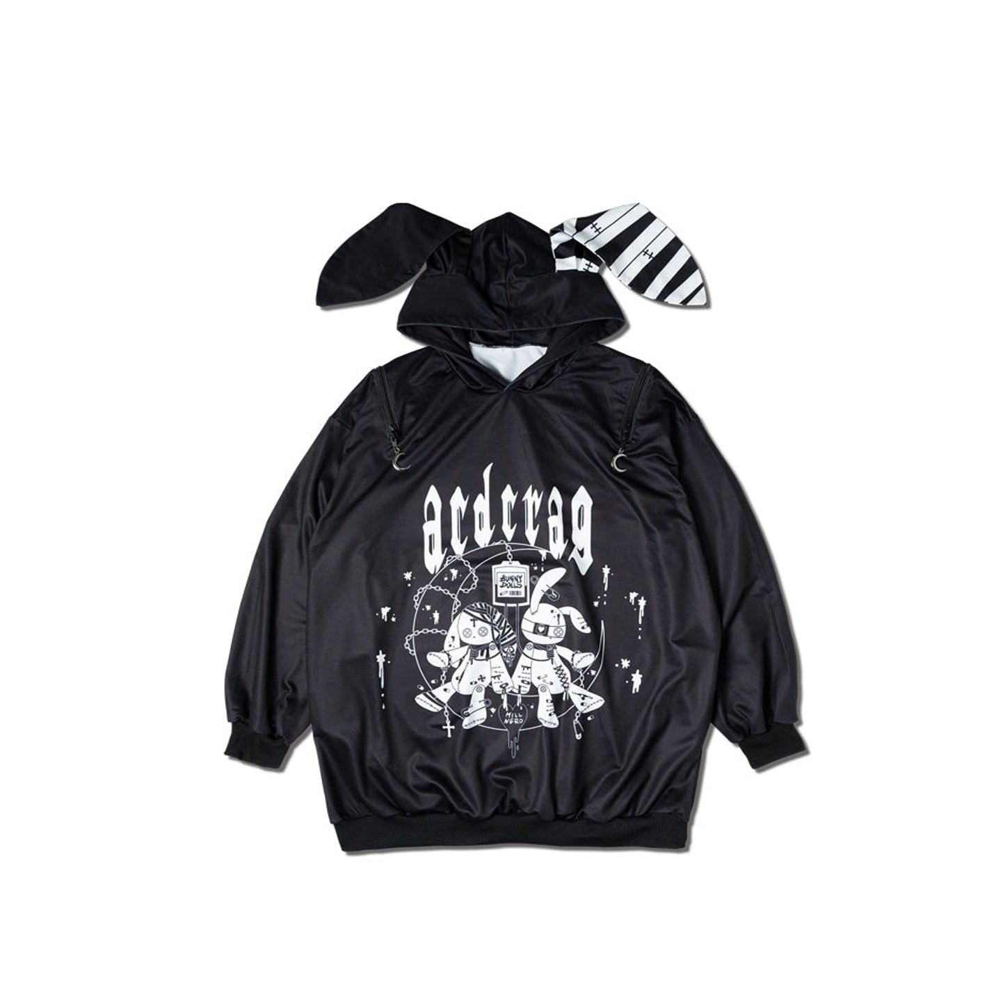 Goth Punk Bunny Ear shoulder zip black and white hoodie