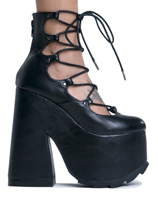 YRU Black Lucid Laceup Goth Emo Lolita Platform Shoes - Black