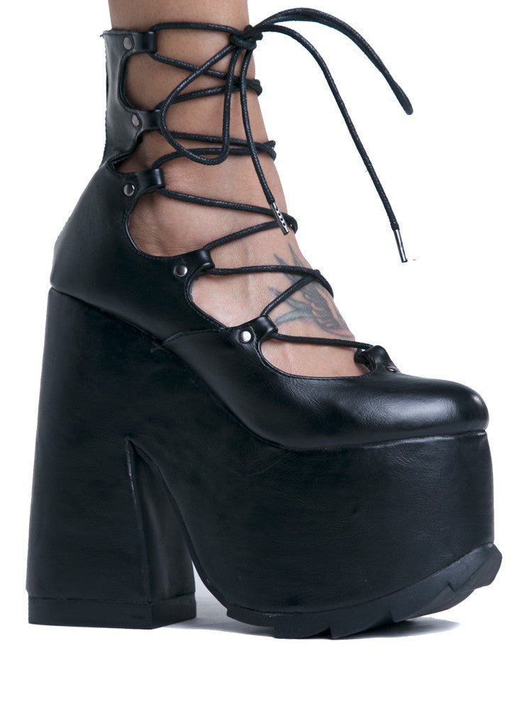 YRU Black Lucid Laceup Goth Emo Lolita Platform Shoes - Black